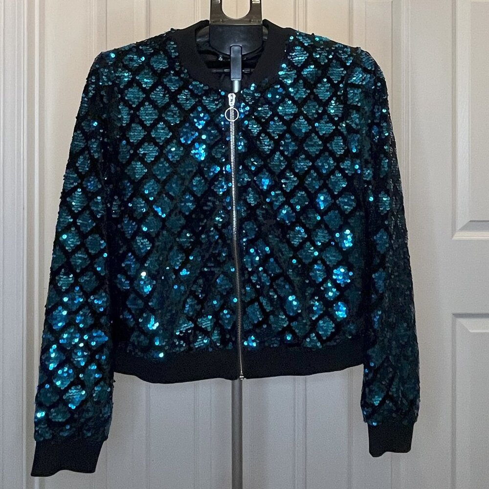 Allegra K Sequin Long Sleeve Zipper Up Glitter Bomber Jacket (PE1)